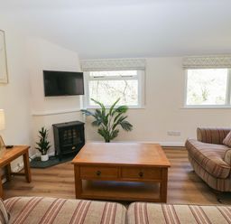 A living room with a sofa and coffee table at Beech Timber Lodge in Keswick