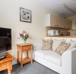A small living room with a white sofa and floral cushions wooden side and TV tables with a vase of flowers a wall picture and a kitchenette at Mabel's View in East Allington Devon