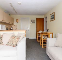 A living and kitchen area with two sofas a dining table and chairs a microwave and kettle on the kitchen counter at Mabel's View in East Allington Devon
