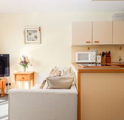 A small living area with a beige sofa and kitchen with microwave and sink at Mabel's View in East Allington Devon