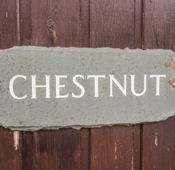 A sign with the word chestnut on a wooden surface at Chestnut Timber Lodge in Keswick