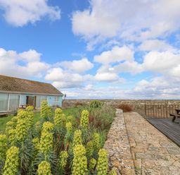 An outdoor area with yellow flowering plants stone pavement wooden deck and picnic tables between two single-story buildings at Little Beach in Seaview