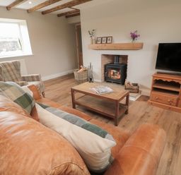 A living room with a leather sofa armchair coffee table wood burning stove and television at The Hollow in West Woodburn