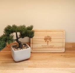A small bonsai tree in a white pot and a wooden board with woodland holiday cottages logo on a wooden surface