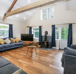 A living room with a television and a wood stove at Tawelfan in Llwyngwril