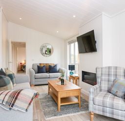 A living room with grey sofas a wooden coffee table a plaid armchair a wall-mounted TV and a fireplace at Eden Fields Lodge in Cupar Fife