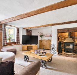 A living room with a sofa, television, and fireplace at 2 Pigsfoot Cottages Ash Thomas near Halberton, Devon