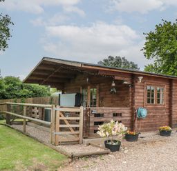 A wooden cabin with a fenced porch and potted flowers outside at Pigsfoot Lodge in Ash Thomas near Halberton Devon