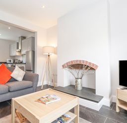 A living room with a gray sofa and orange and white cushions a wooden coffee table with books a tv on a wooden stand a floor lamp and a fireplace with a vase at 1 Millbank in Keswick