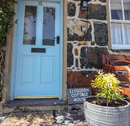 The front entrance of a stone building with a blue door a wooden bench and a potted plant outside at Llygoden Cottage in Beddgelert