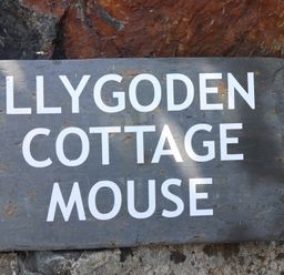 A stone sign with white letters reading Llygoden Cottage Mouse on a rock background at Llygoden Cottage in Beddgelert