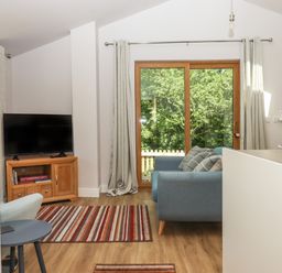 A living room with a blue sofa, a television on a wooden cabinet, striped rugs, and sliding glass doors with curtains at Adipit Stables in Buckland Brewer near Bideford