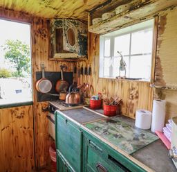 A small rustic kitchen with wooden walls copper pans on the stove and green cabinets at Ty Gwenyn in Talybont-On-Usk