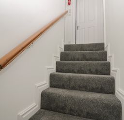 A carpeted staircase with a wooden handrail and a white door at the top at Betty's Loft in Hawkshead