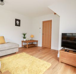A living room with a gray sofa with yellow pillow a wooden coffee table with a lamp and plant a flat screen tv on a wooden stand and a yellow rug on wooden floor at Chynoweth House in Cubert