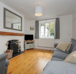 A living room with a sofa and armchair a television on a wooden stand a fireplace with a mirror above it and a window with curtains at Hobbs Cottage in Sticklepath