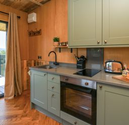 A kitchen with green cabinets a black faucet an oven a toaster kettle and eggs on the counter at Hen's Hideaway in Rhaedr Gwy near Rhayader