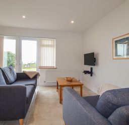 A living room with two blue sofas a wooden coffee table a wall-mounted TV and glass doors with blinds at Freefolk Cottage Polzeath