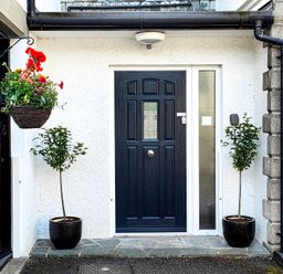 A black front door with a glass panel beside it flanked by two potted plants and a hanging flower basket at The Paddock in Keswick