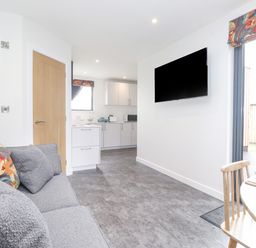 A living room with gray sofa and pillows next to a kitchen with white cabinets and a wall mounted TV at Bluebell Cabin in Ullswater