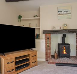 A living room with a television and a fireplace at Woodstock in Chard
