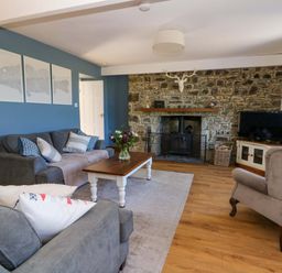 A living room with a stone fireplace a television a wooden coffee table and sofas at Towyn Hall in New Quay