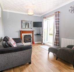 A living room with sofas a fireplace a wall-mounted television and glass doors with curtains at Coed y Glyn Bach Equestrian in Penygroes
