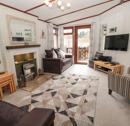 A living room with sofas a fireplace a wall mounted tv and a patterned rug at Evergreen Lodge Felmoor Holiday Park near Felton