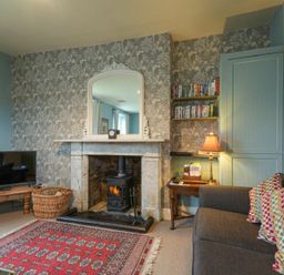 A living room with a fireplace TV sofa with pillows and a side table with a lamp at Riverbank Cottage in Alnmouth