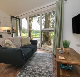 A living room with a black sofa two pillows a wooden coffee table with a plant and tv on the wall at Fern Bydown near Barnstaple