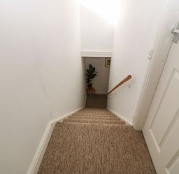A carpeted stairway with white walls and a wooden handrail next to a white door leading down to a small table with a plant at The Bell Apartment in Cemaes Bay