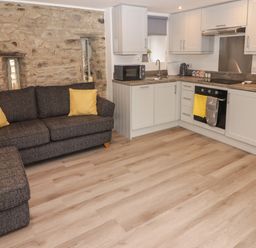 A kitchen and living area with grey sofa and yellow cushions and white cabinets at The Nest in Amroth