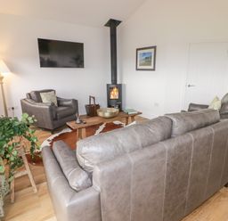 A living room with leather sofas a wood stove a wall mounted tv and a plant at Heritage Retreat in Monknash