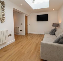 A living room with a sofa pillows a wall mounted television a lamp a mirror and a door at The Woodpecker in Scarborough