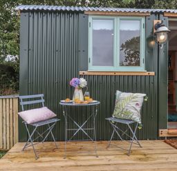 A small outdoor seating area with two metal chairs with cushions and a round table with flowers croissants and juice outside a green corrugated building at Lottie's Hut in Okehampton