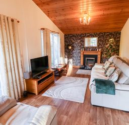 A living room with a sofa a fireplace a television and a decorated Christmas tree at Kantankye Lodge in Thorpe St Peter near Wainfleet All Saints