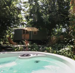 An outdoor hot tub with water in a garden surrounded by trees and foliage with a small green cabin and deck chairs under an umbrella at The Happy Hut in Sopley near Christchurch