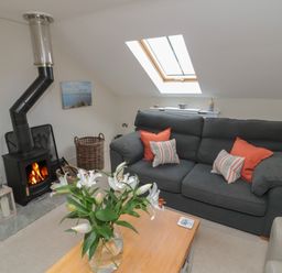 A living room with a dark grey sofa with orange and striped cushions a wooden coffee table with a vase of white flowers a wood burning stove and a skylight window at The Coach House in Bamburgh