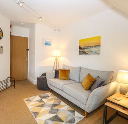 A living room with a grey sofa with cushions a wooden side table with a lamp and radio a geometric rug wall art and a wooden door at Flat 3 in Cromer