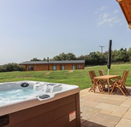 An outdoor patio with a hot tub wooden table and chairs with an umbrella on a lawn at Foxglove Lodge in Hittisleigh