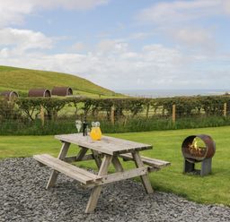 A picnic table with drinks and a fire pit on grass with pod cabins and a hill in the background at Orchard in Dalton-In-Furness