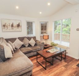 A living room with a sofa and coffee table at Willows Lodge, White Cross Bay, near Windermere