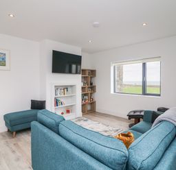 A living room with a blue sofa a wall-mounted TV bookshelves and a window overlooking a lawn and water at Old Field House in Slade near Fethard-On-Sea County Wexford
