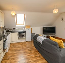 A kitchen and living area with a sofa, television, refrigerator, microwave, and wooden floor at Old Field Hideaway in Slade near Fethard-On-Sea County Wexford