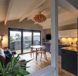 An open living and kitchen area with a leather sofa a dining table and chairs a large glass door leading to a balcony and a kitchen with cabinets at Sir George Baker Cabin in Uplyme