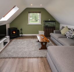 A living room with a gray sectional sofa green pillows a wooden coffee table a flat screen tv a small fireplace and a fish tank at Shore Road in Culdaff County Donegal