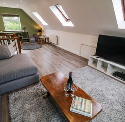 A living room with a gray sofa wooden coffee table with wine bottle and glasses a television and a green accent wall at Shore Road in Culdaff County Donegal