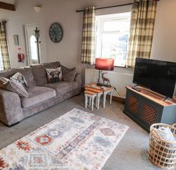 A living room with a gray sofa a patterned rug a television on a cabinet and a basket at Matfen in Longframlington