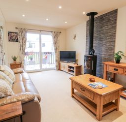 A living room with a brown leather sofa wooden coffee table wooden TV cabinet and a wood stove at Eden Lodge in Castlewigg near Whithorn