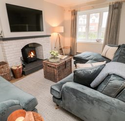 A living room with sofas a fireplace a wall-mounted television and a window at Driftwood Sands in Beadnell